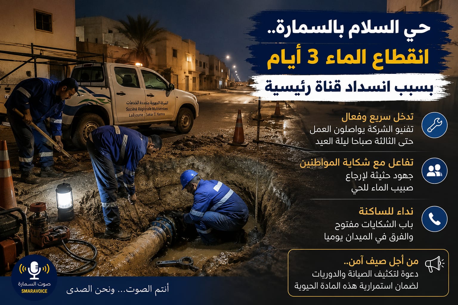 حي السلام بالسمارة.. انقطاع الماء يكشف أهمية التبليغ وسرعة التدخل الميداني…