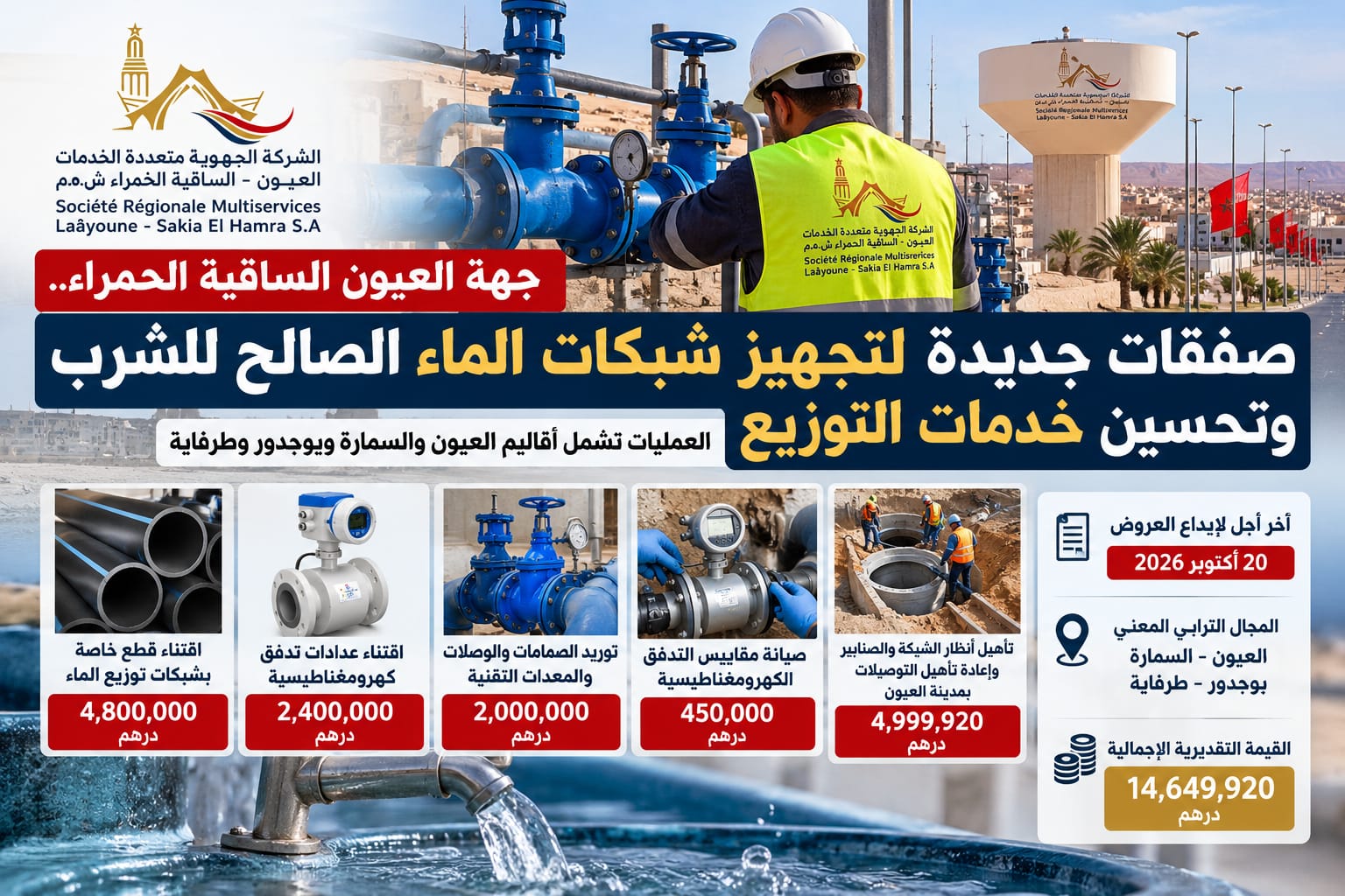 جهة العيون الساقية الحمراء.. نحو 14,65 مليون درهم قيمة صفقات مرتقبة لتجهيز وصيانة شبكات الماء الصالح للشرب